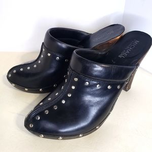Michael Kors Black Leather Mules Heels Clogs Studded Shoes Size 7.5